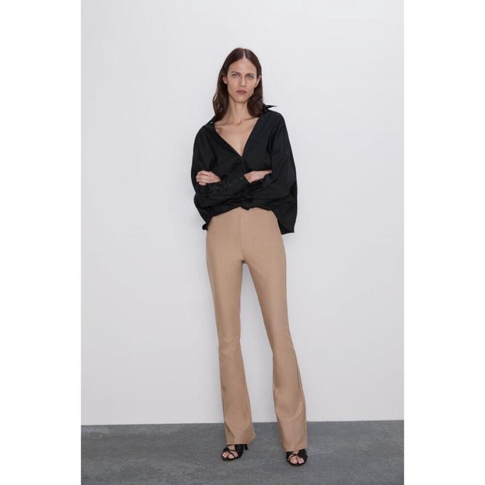 ZARA Stretch Twill Knit Pull On Flared Pants Brown High Rise Womens Medium